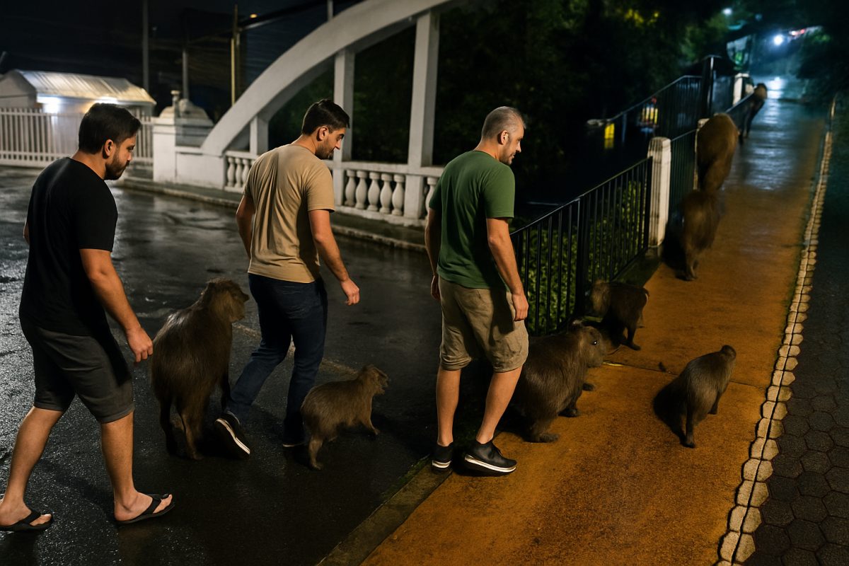 Amigos ajudam capivaras a cruzar avenida em Nova Friburgo