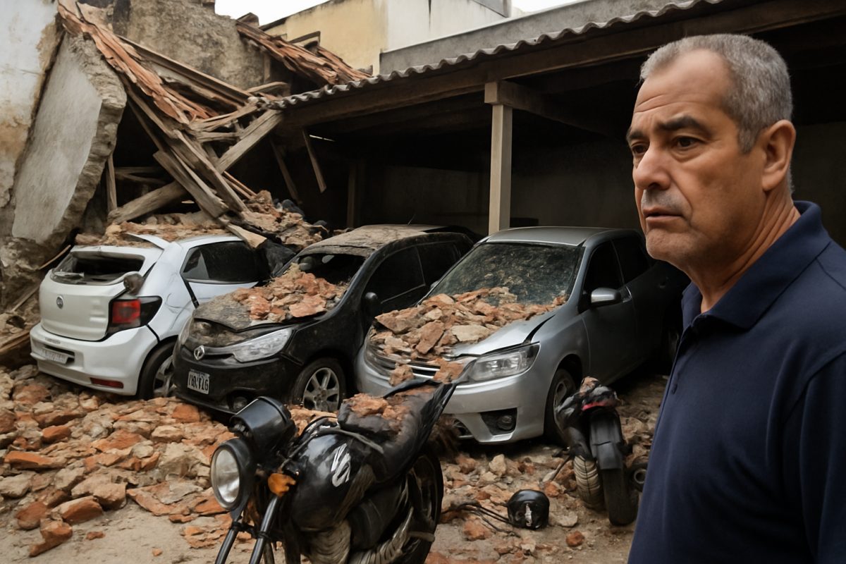 Imóvel desaba e atinge três carros e uma moto dentro de um estacionamento, no Centro de Campos