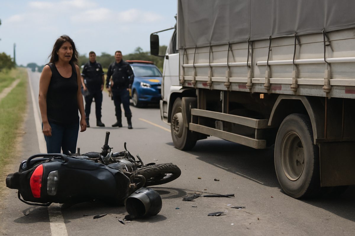 Mulher morre após colisão entre moto e caminhão na RJ-196, em Gargaú